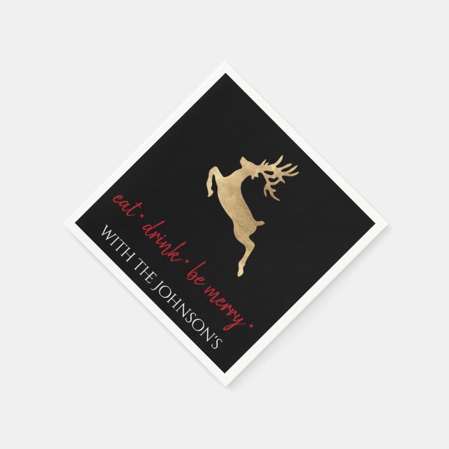 Black White Eat Drink Be Merry Red Gold Deer Napkin (Corner)