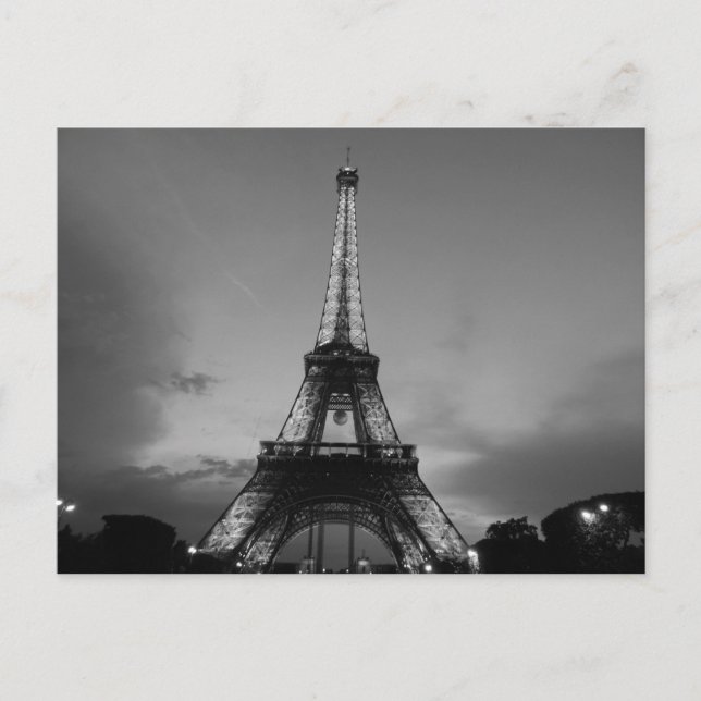 Black & White Eiffel Tower in Paris City Night Postcard (Front)