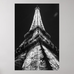 Black White Eiffel Tower in Paris Night Poster