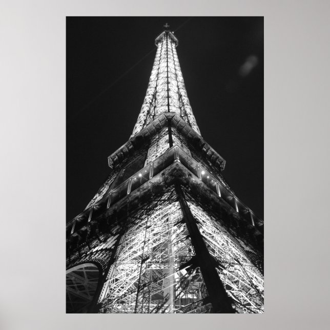 Black White Eiffel Tower in Paris Night Poster (Front)