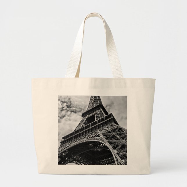 Black White Eiffel Tower Paris Europe Travel Large Tote Bag (Front)