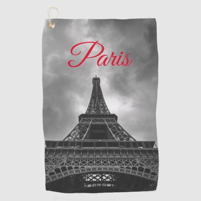Black White Eiffel Tower Paris European Travel Golf Towel (Front)