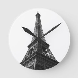 Black & White Eiffel Tower Paris European Travel Round Clock