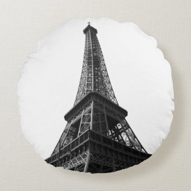 Black & White Eiffel Tower Paris European Travel Round Cushion (Front)
