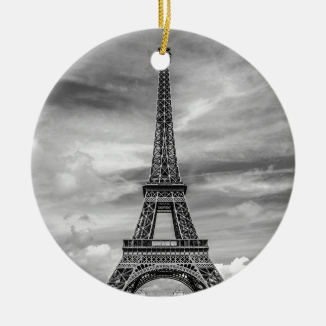 Black & White Eiffel Tower Paris France Ceramic Ornament (Front)