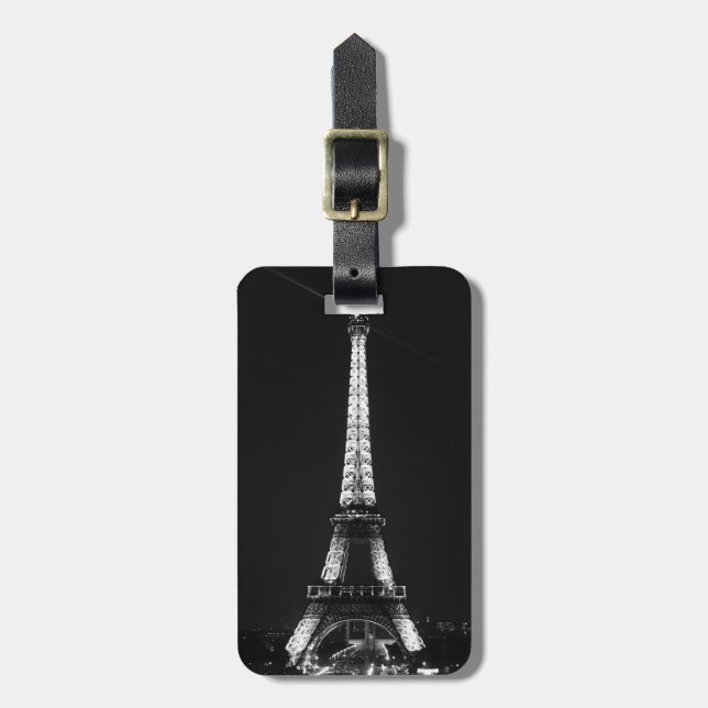 Black & White Eiffel Tower Paris Night Luggage Tag (Front Vertical)