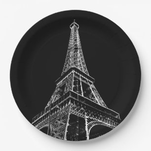 Black White Eiffel Tower Paris Travel Vintage  Paper Plate