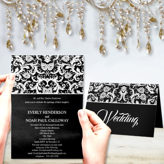 Black & White Elegance Victorian Damask Wedding  Invitation (Creator Uploaded)