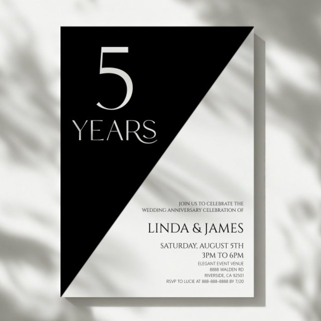 Black White Elegant 5th Wedding Anniversary Invitation (Creator Uploaded)