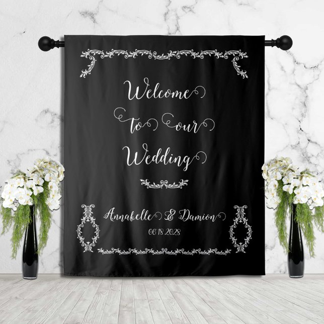 Black & White Elegant Acanthus Welcome To Wedding Tapestry (Creator Uploaded)