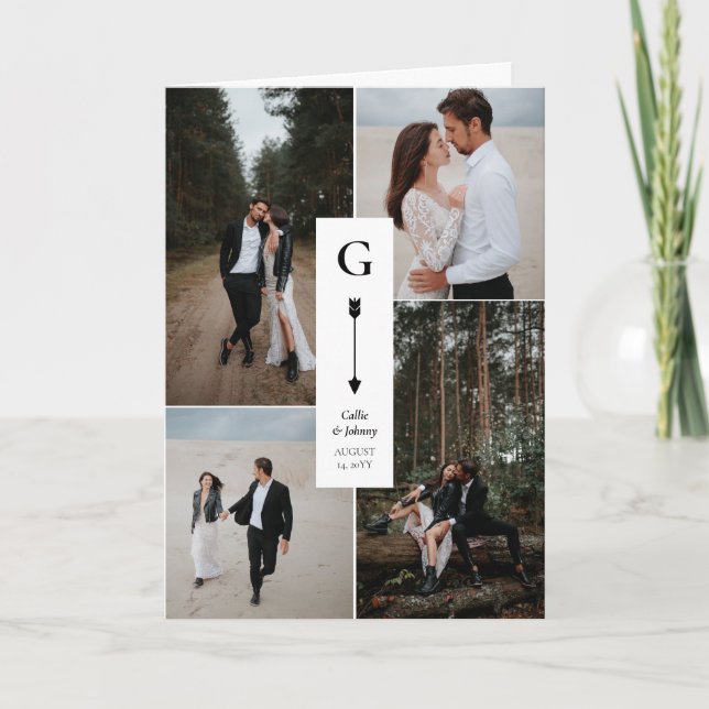 Black White Elegant Arrow Wedding Photo Collage Thank You Card (Front)