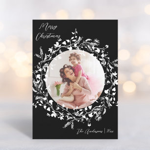 Black & White Elegant Boho Wildflower Christmas  Holiday Card