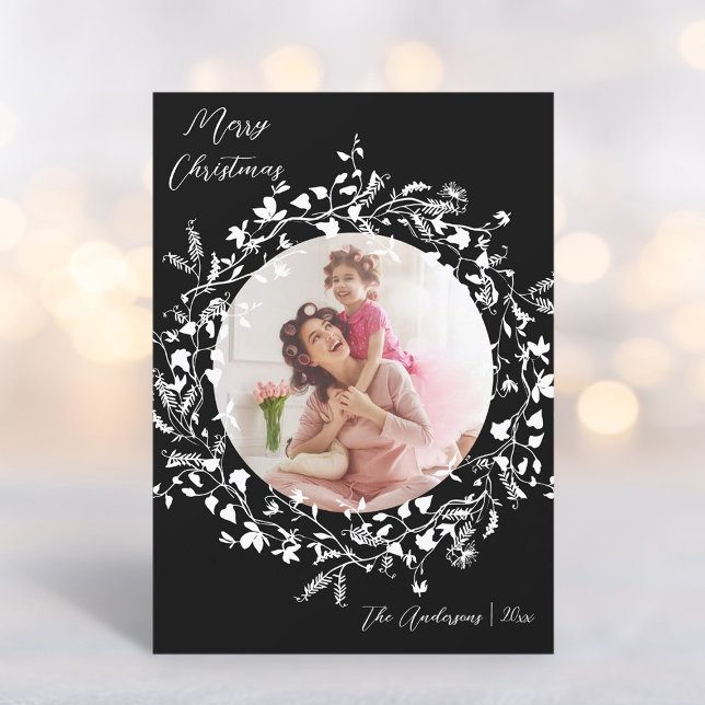 Black & White Elegant Boho Wildflower Christmas  Holiday Card (Creator Uploaded)