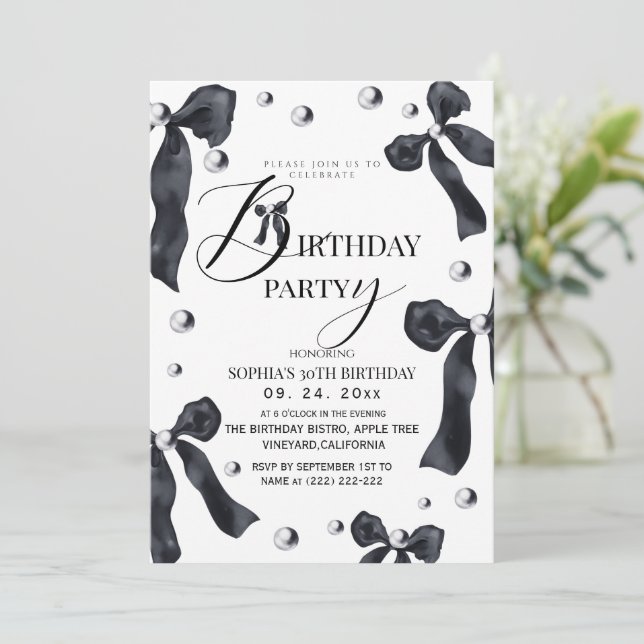Black & White Elegant Bow Birthday Party  Invitation (Standing Front)