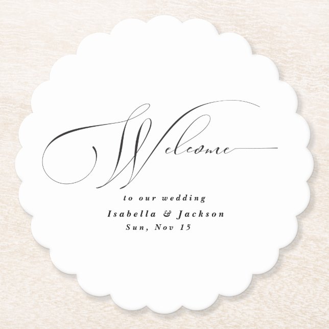 Black & White Elegant Calligraphy Modern wedding Paper Coaster (Front)