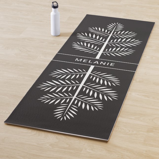 Black White Elegant Chic Botanical Tropical Branch Yoga Mat (In Situ)