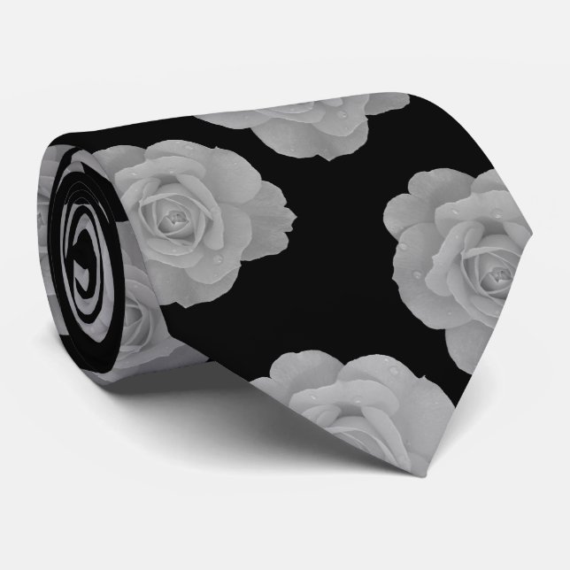 Black White Elegant Classy Grey Floral Prints Gift Tie (Rolled)