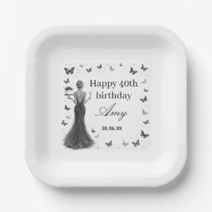 black & white elegant dress butterflies 40th paper plate