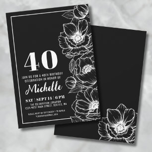 Black White Elegant Floral 40th Birthday Invitation