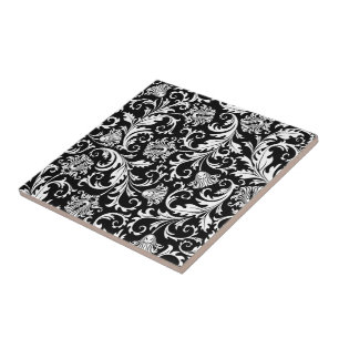 Black & White Elegant Floral Damask  Pattern Ceramic Tile
