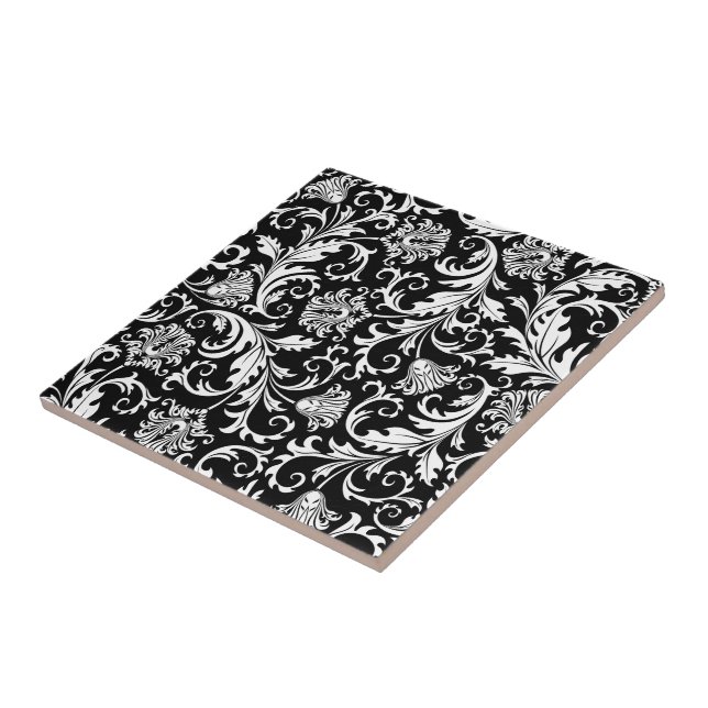 Black & White Elegant Floral Damask  Pattern Ceramic Tile (Side)