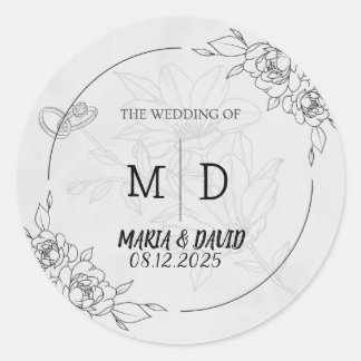 "Black & White Elegant Floral Minimalist Wedding Classic Round Sticker