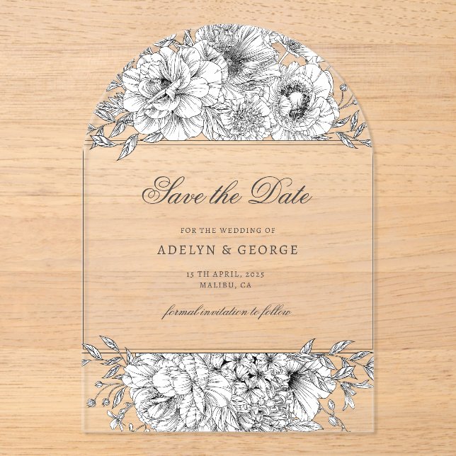 Black White Elegant Floral Save the Date Acrylic Invitations (Front)