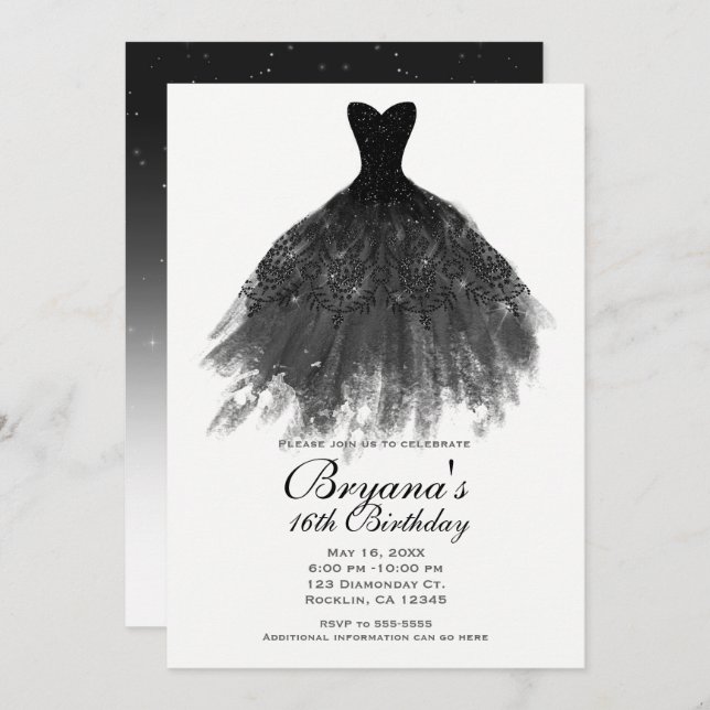 Black & White Elegant Glam Dress Sweet 16 Party Invitation (Front/Back)