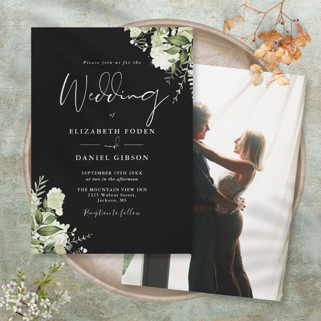 Black White Elegant Greenery Leaves Photo Wedding  Invitation (Black White Elegant Greenery Leaves Photo Wedding Invitation)