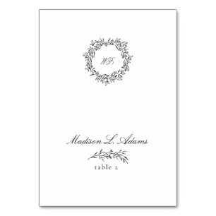 Black White Elegant Leaf Foldable Name Place Card