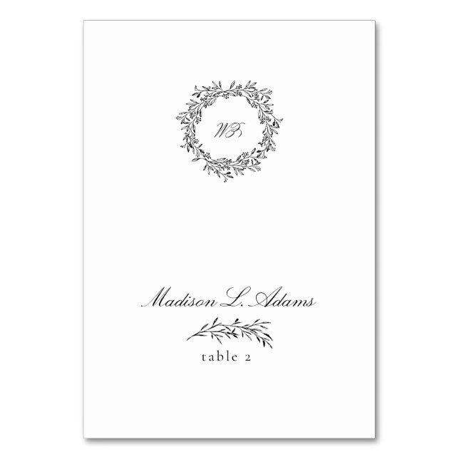 Black White Elegant Leaf Foldable Name Place Card (Front)