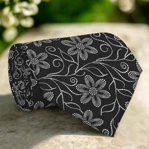 Black & White Elegant Luxury Floral Pattern Tie