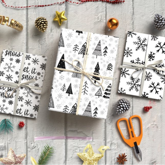 Black & White Elegant Minimalist Christmas  Wrapping Paper Sheet (Black & White Minimalist set of 3 Wrapping Paper Sheet)