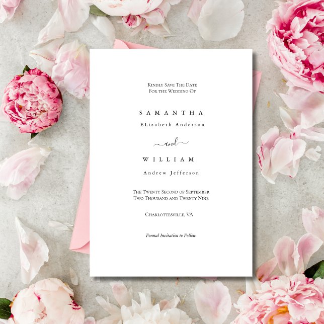 Black White Elegant Minimalist Simple Traditional  Save The Date (Black White Simple Minimalist Elegant Traditional Classic Wedding Save the Date Invitation Card)