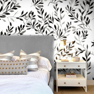 Black White Elegant Modern Leaf Floral Wallpaper