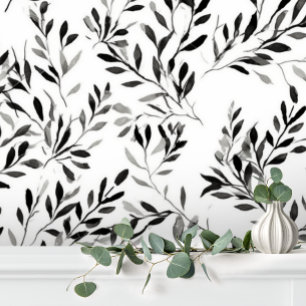 Black White Elegant Modern Leaf Floral Wallpaper