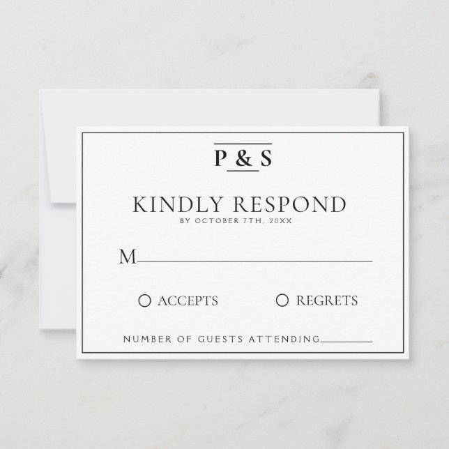 Black & White Elegant Monogram Chic Wedding  RSVP Card (Front)
