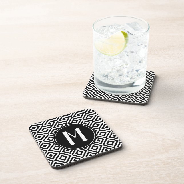 Black & White Elegant Monogram Geometric Patterned Coaster (Right Side)