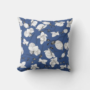 Black & white elegant orchid floral modern blue cushion