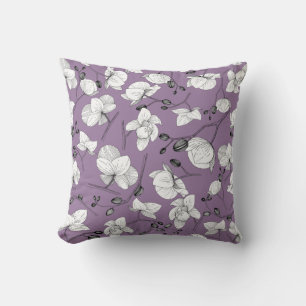 Black & white elegant orchid floral modern purple cushion