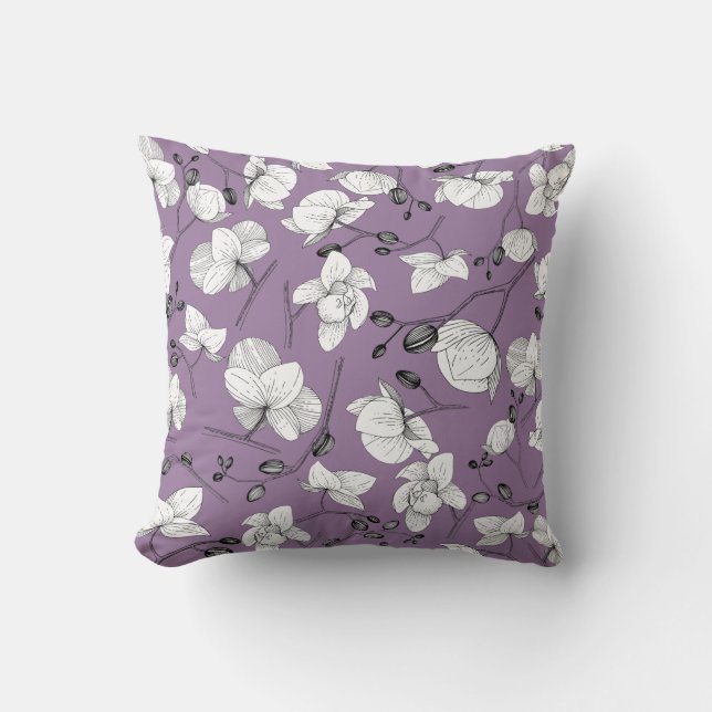 Black & white elegant orchid floral modern purple cushion (Front)