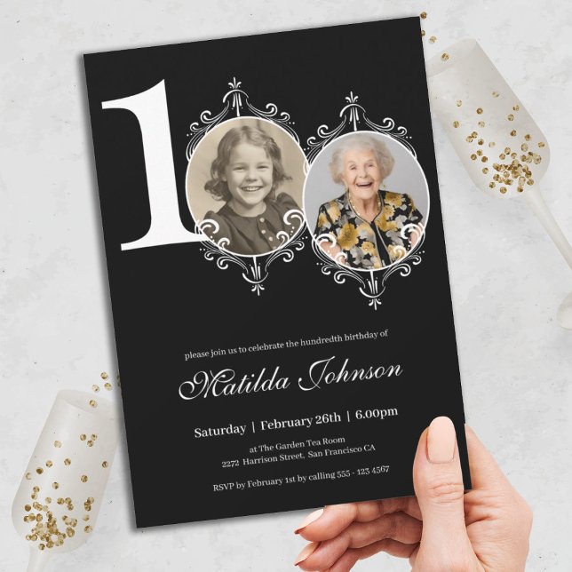 Black White Elegant Photo 100th Birthday  Invitation (100th Birthday Elegant Black White Custom Photo Invitation)