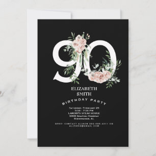 Black & White Elegant Pink Rose 90th Invitation