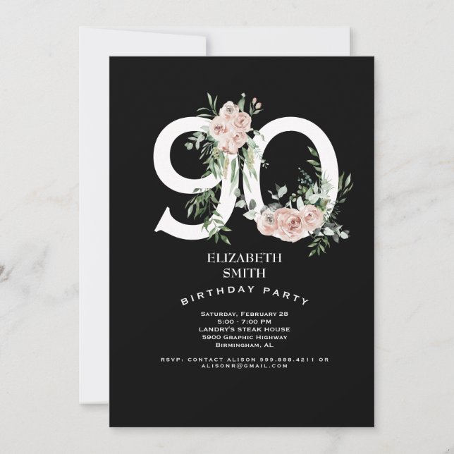 Black & White Elegant Pink Rose 90th Invitation (Front)