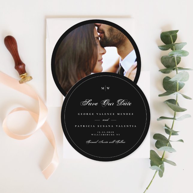 Black White Elegant Round Photo Save The Date Invitation (Creator Uploaded)