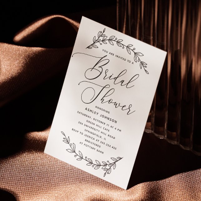 Black white elegant script floral bridal shower invitation (Creator Uploaded)