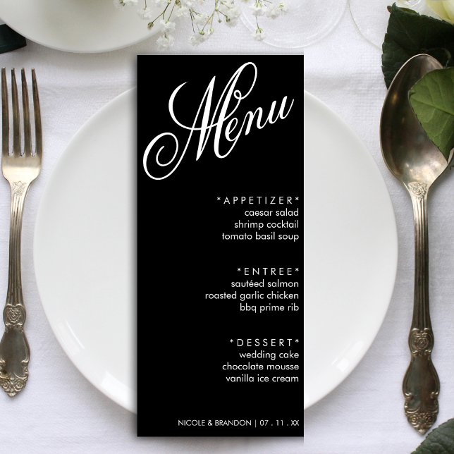 Black & White Elegant Script Wedding Reception Menu (Black & White Elegant Script Wedding Reception Menu)