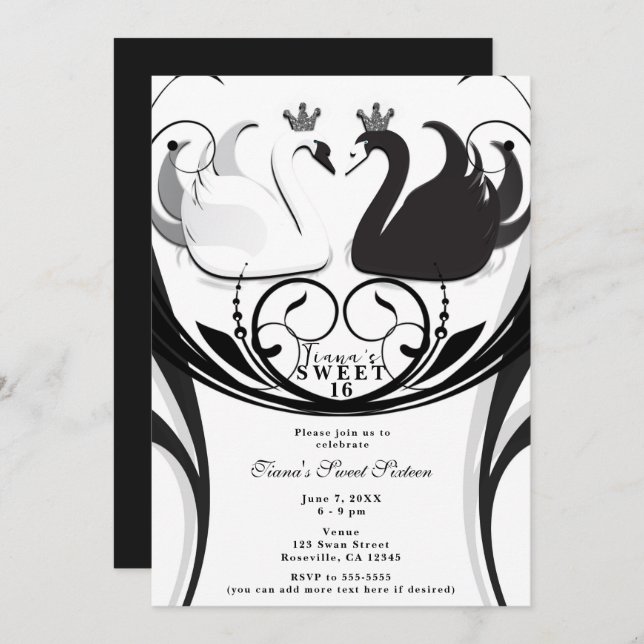 Black & White Elegant Swan Princess Sweet 16 Party Invitation (Front/Back)