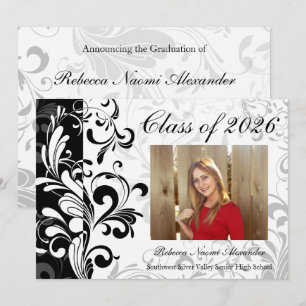 Black White Elegant Swirl Photo 2024 Graduation Invitation