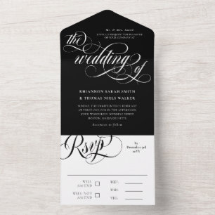 Black White Elegant Swirls Wedding All In One Invitation